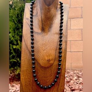 Sterling Silver Plain Round Black Onyx Bead Necklace. 30 Inch